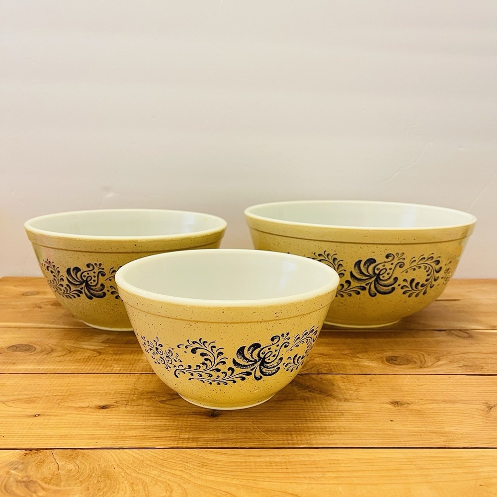 VTG Pyrex Set Of 3 Homestead Speckle Floral Nesting Mixing Bowls 401 402 403